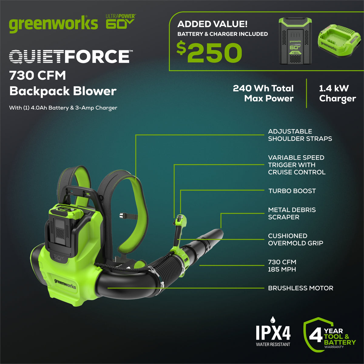 60V 730 CFM Cordless Battery Backpack Blower w/ 4.0Ah Battery & 3A Charger