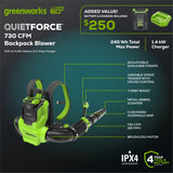 60V 730 CFM Cordless Battery Backpack Blower w/ 4.0Ah Battery & 3A Charger