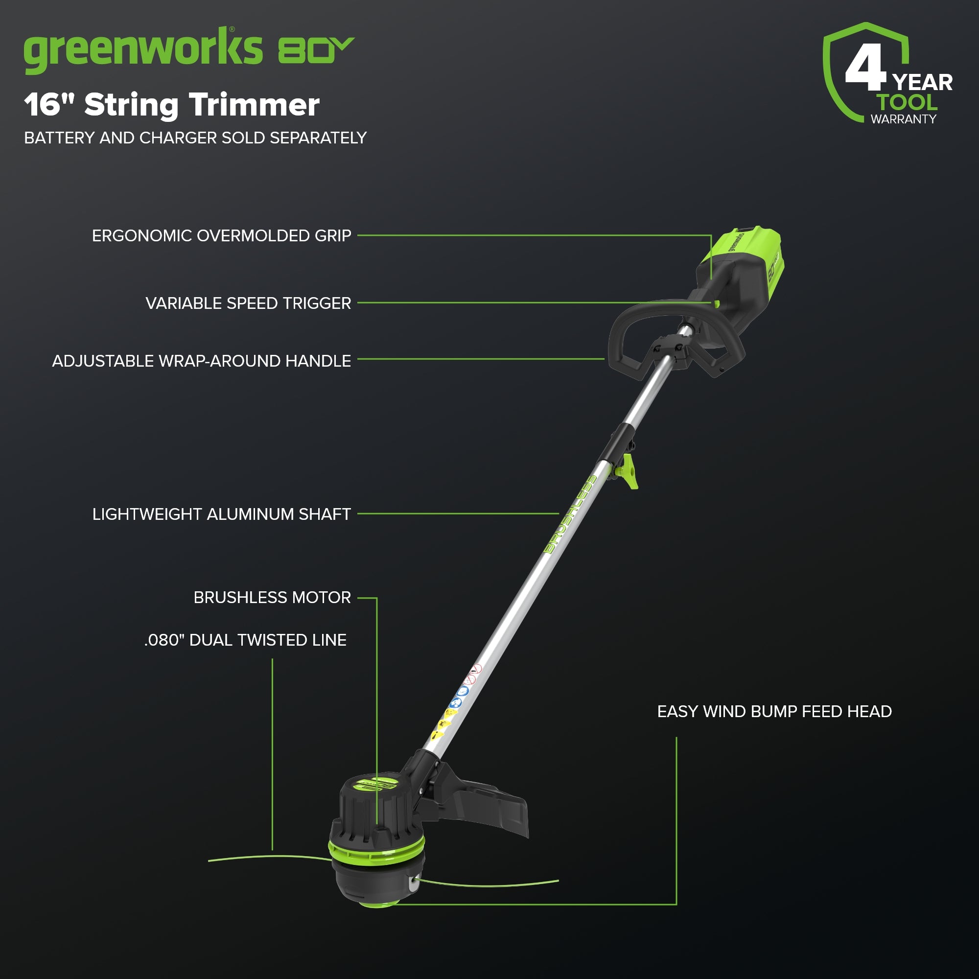 80V Cordless 16" Brushless String Trimmer (Tool Only)