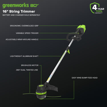 80V Cordless 16" Brushless String Trimmer (Tool Only)