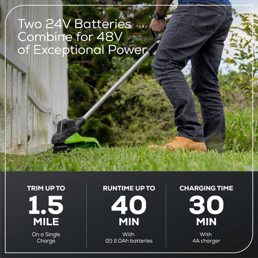 48V (24V x 2) 15" Cordless Battery TORQDRIVE™ String Trimmer w/ (2) 2.0Ah USB Batteries & Charger