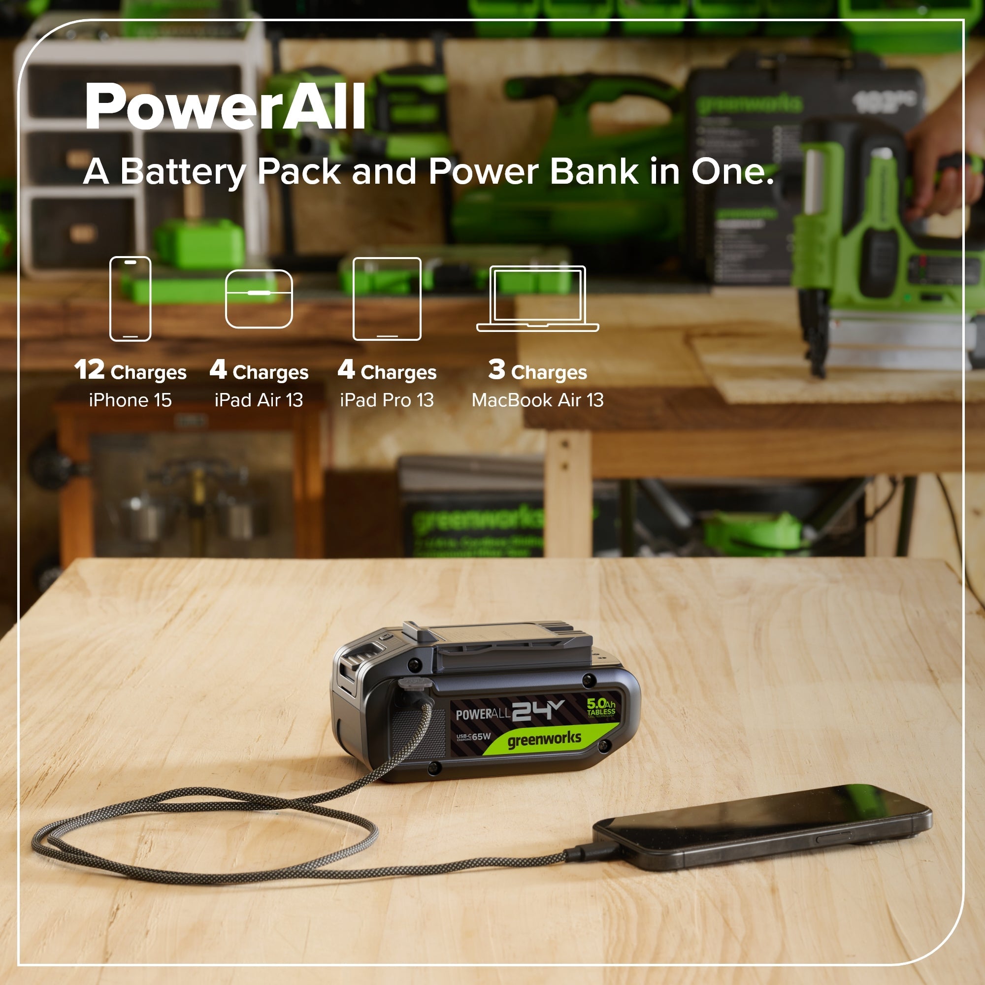 24V 5.0Ah Tabless Battery with Bi-Directional USB-C Port