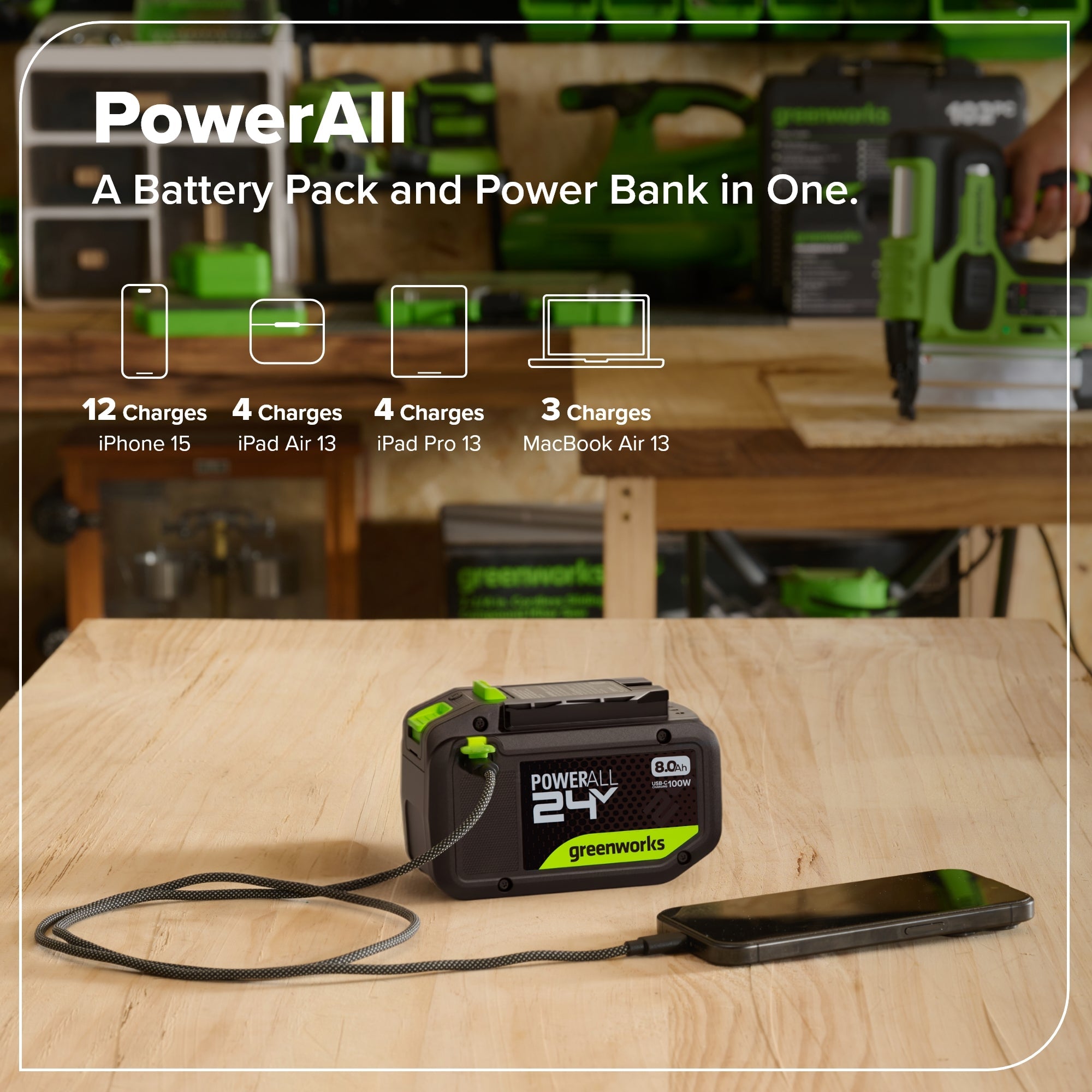 24V 8.0Ah Battery with Bi-Directional USB-C Port