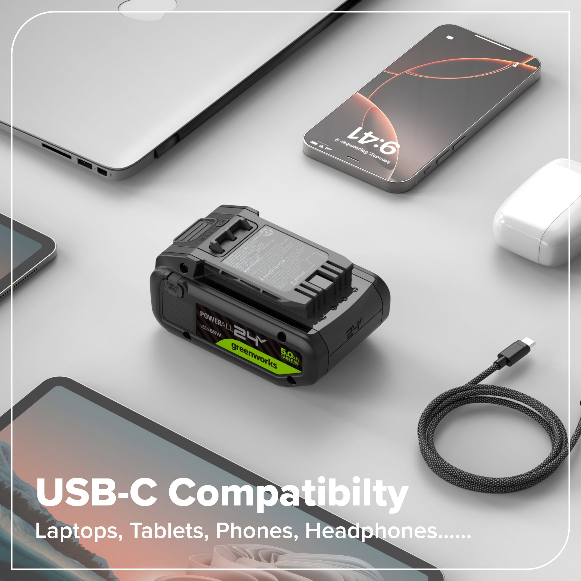 24V 5.0Ah Tabless Battery with Bi-Directional USB-C Port