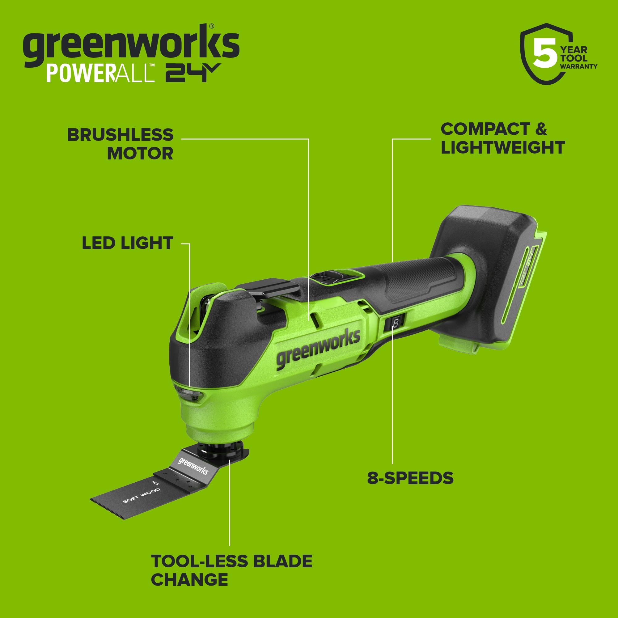 24V PowerAll Brushless 3.2° Oscillating Multi-Tool with 3 Blades & 30-Piece Sanding Set (Tool Only)