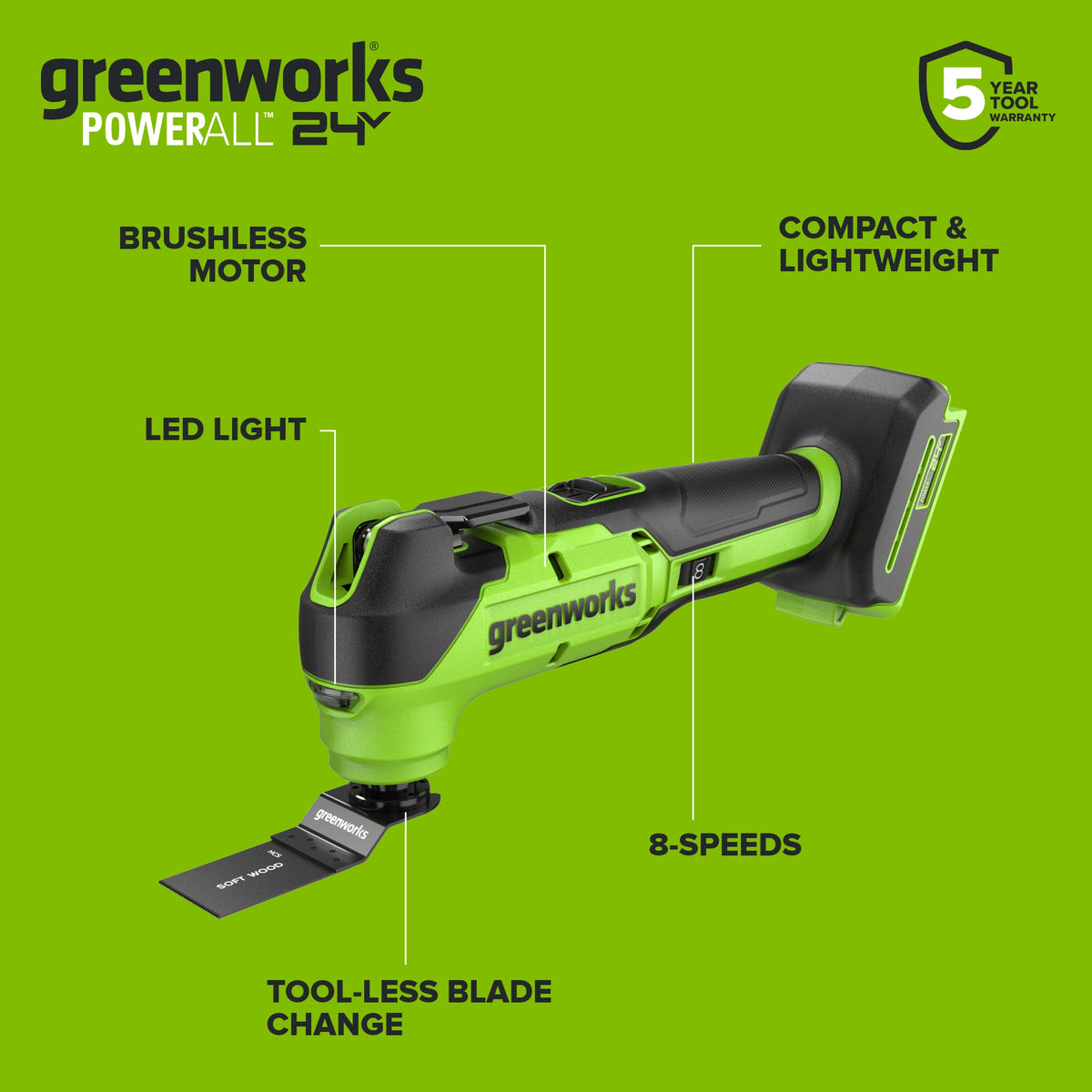 24V PowerAll Brushless 3.2° Oscillating Multi-Tool with 3 Blades & 30-Piece Sanding Set (Tool Only)