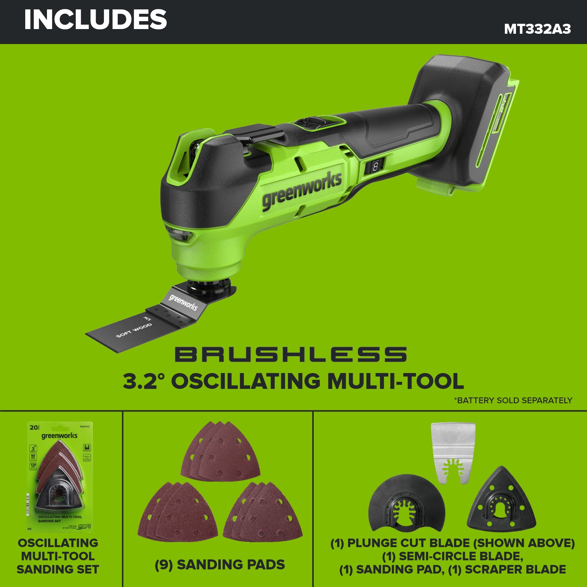 24V PowerAll Brushless 3.2° Oscillating Multi-Tool with 3 Blades & 30-Piece Sanding Set (Tool Only)