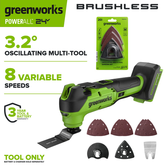 24V PowerAll Brushless 3.2° Oscillating Multi-Tool with 3 Blades & 30-Piece Sanding Set (Tool Only)