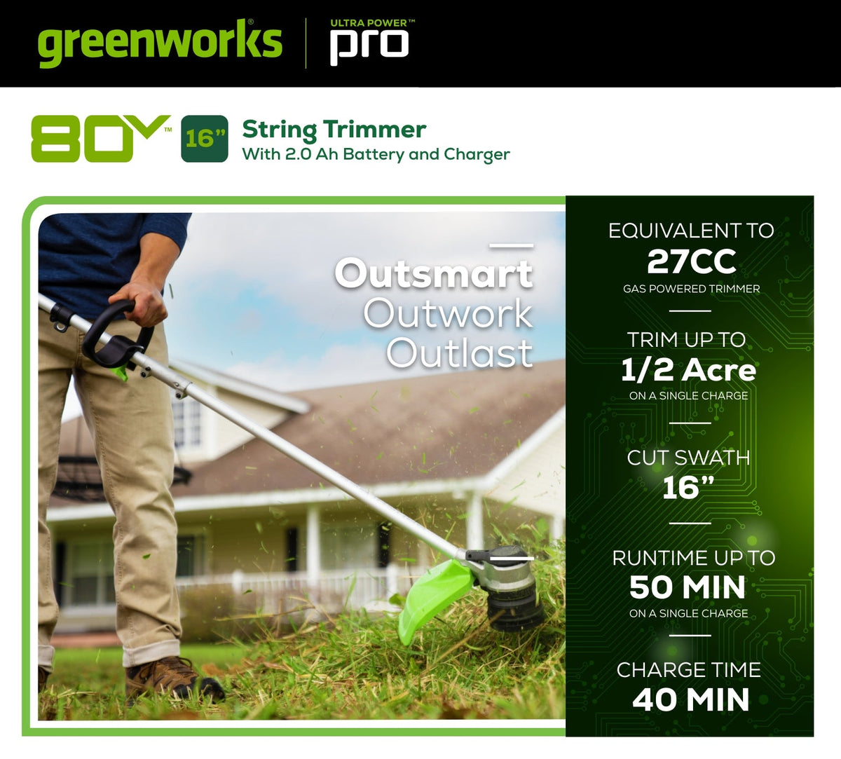 80V 16" Cordless Battery String Trimmer, 730 CFM Blower and 26" Hedge Trimmer Combo Kit: 2.0 Ah Battery and Charger