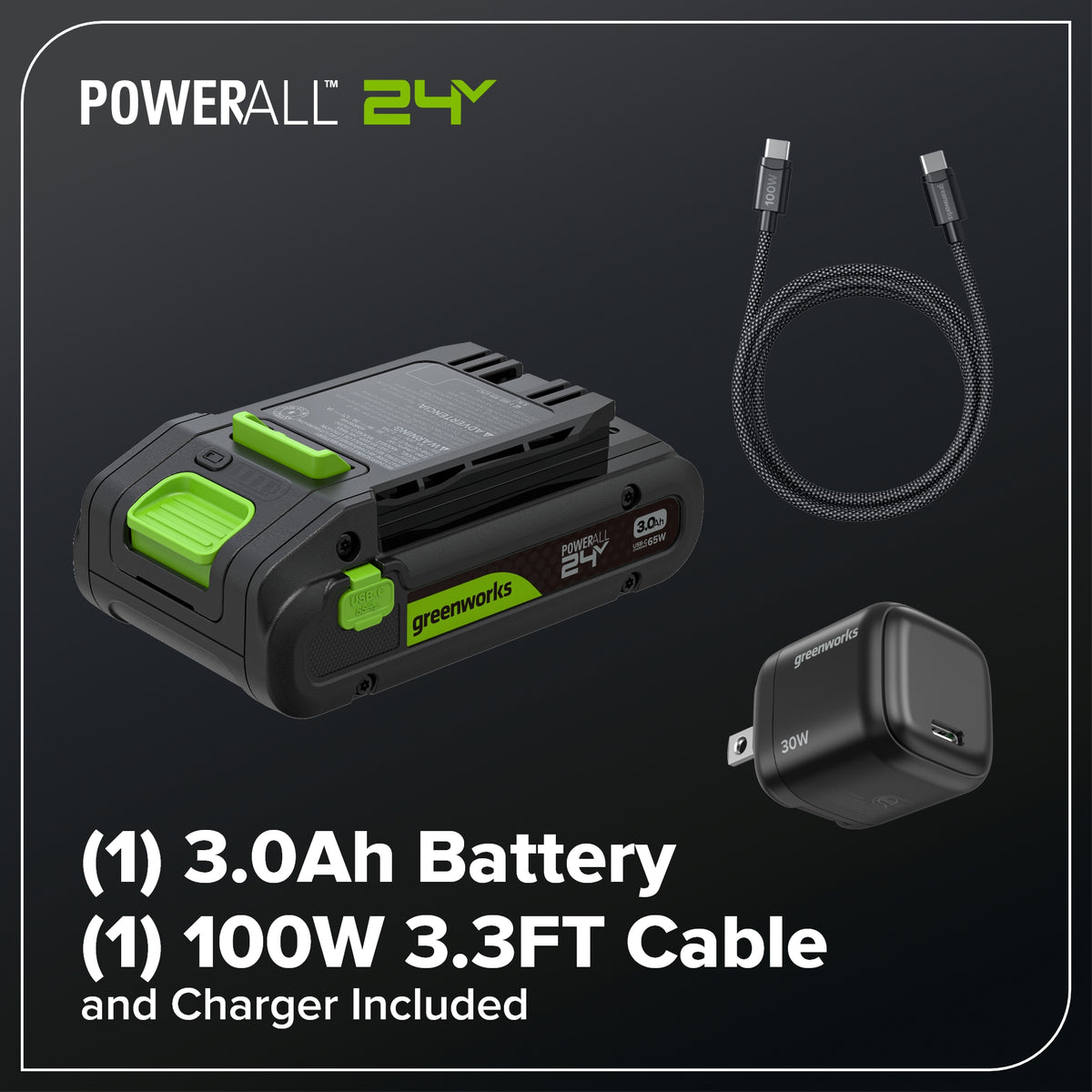 24V 270 CFM Cordless Battery Brushless Blower w/ 3.0Ah Battery & 30W Type-C Charger(3-Ft Cable)