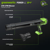24V 270 CFM Cordless Battery Brushless Blower w/ 3.0Ah Battery & 30W Type-C Charger(3-Ft Cable)
