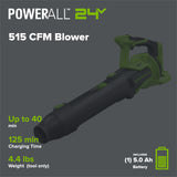 24V 515 CFM Cordless Battery Brushless Blower w/ 5.0Ah Battery & 65W  Type-C Charger(3-Ft Cable)