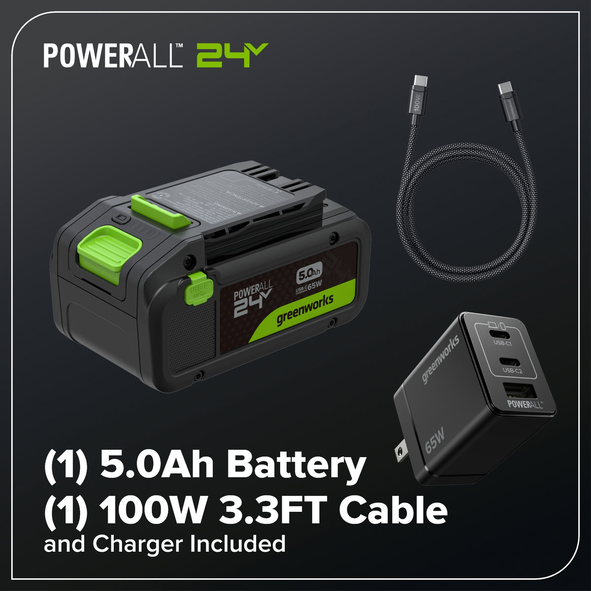 24V 515 CFM Cordless Battery Brushless Blower w/ 5.0Ah Battery & 65W  Type-C Charger(3-Ft Cable)