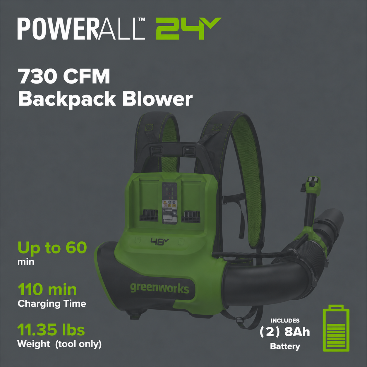 48V (24V x 2) 730 CFM Cordless Battery Dual-Port Backpack Blower: (2) 8.0 Ah Battery, 100W Charger and (2) 3-Ft Cables