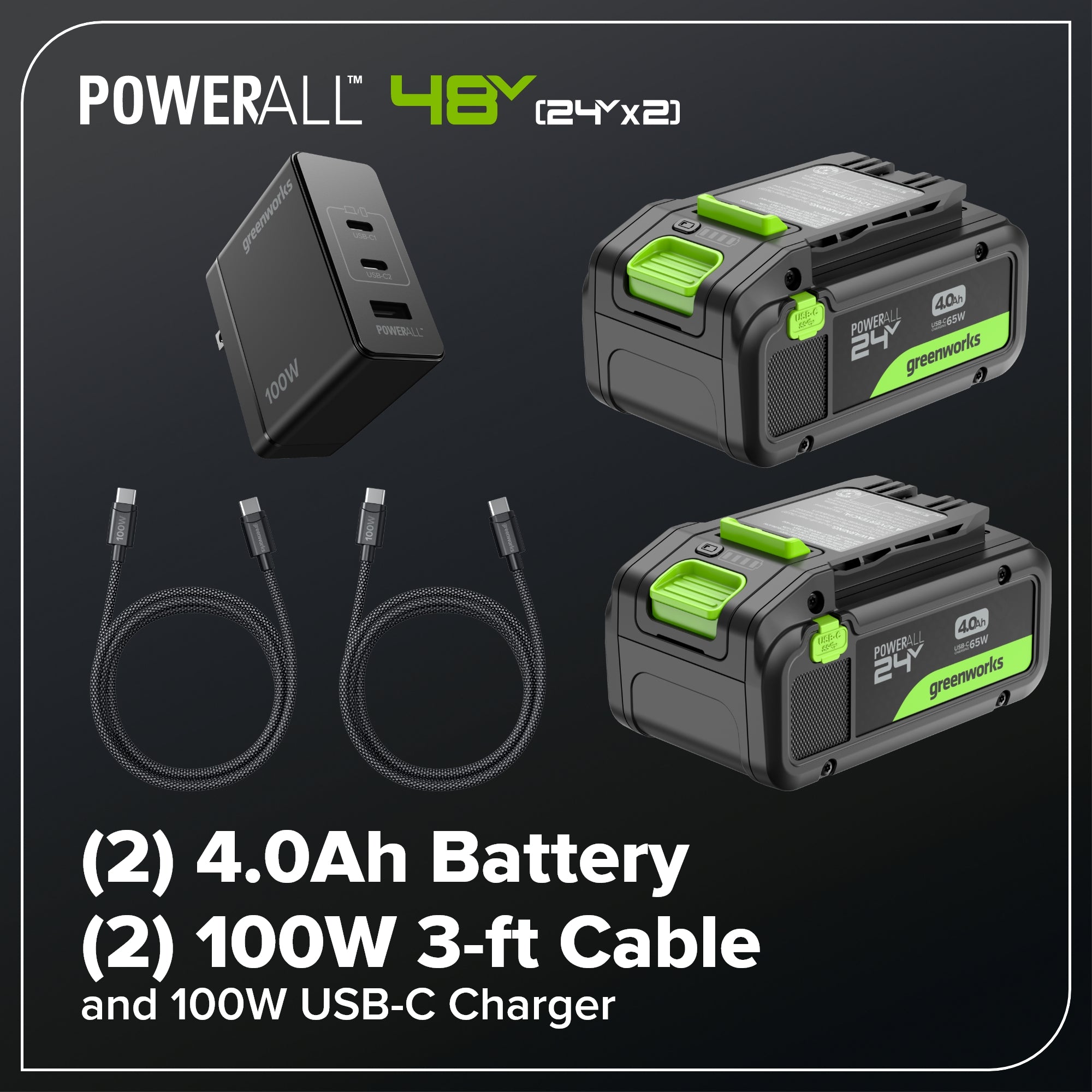 48V (24V x 2) 600 CFM Cordless Battery Leaf Blower w/ (2) 4.0Ah Batteries, 100W Type-C Charger &(2)3-Ft Cables