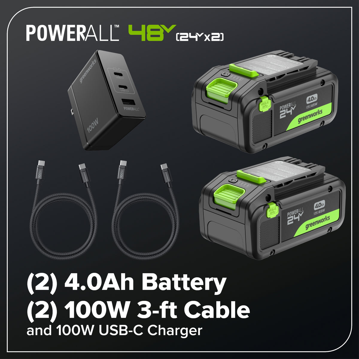 48V (24V x 2) 600 CFM Cordless Battery Leaf Blower w/ (2) 4.0Ah Batteries, 100W Type-C Charger &(2)3-Ft Cables
