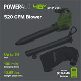 48V (24V x 2) 520 CFM Cordless Battery BL Leaf Blower/Vacuum w/ (2) 6.0Ah Battery, 100W Type-C Charger & (2) 3-Ft Cables