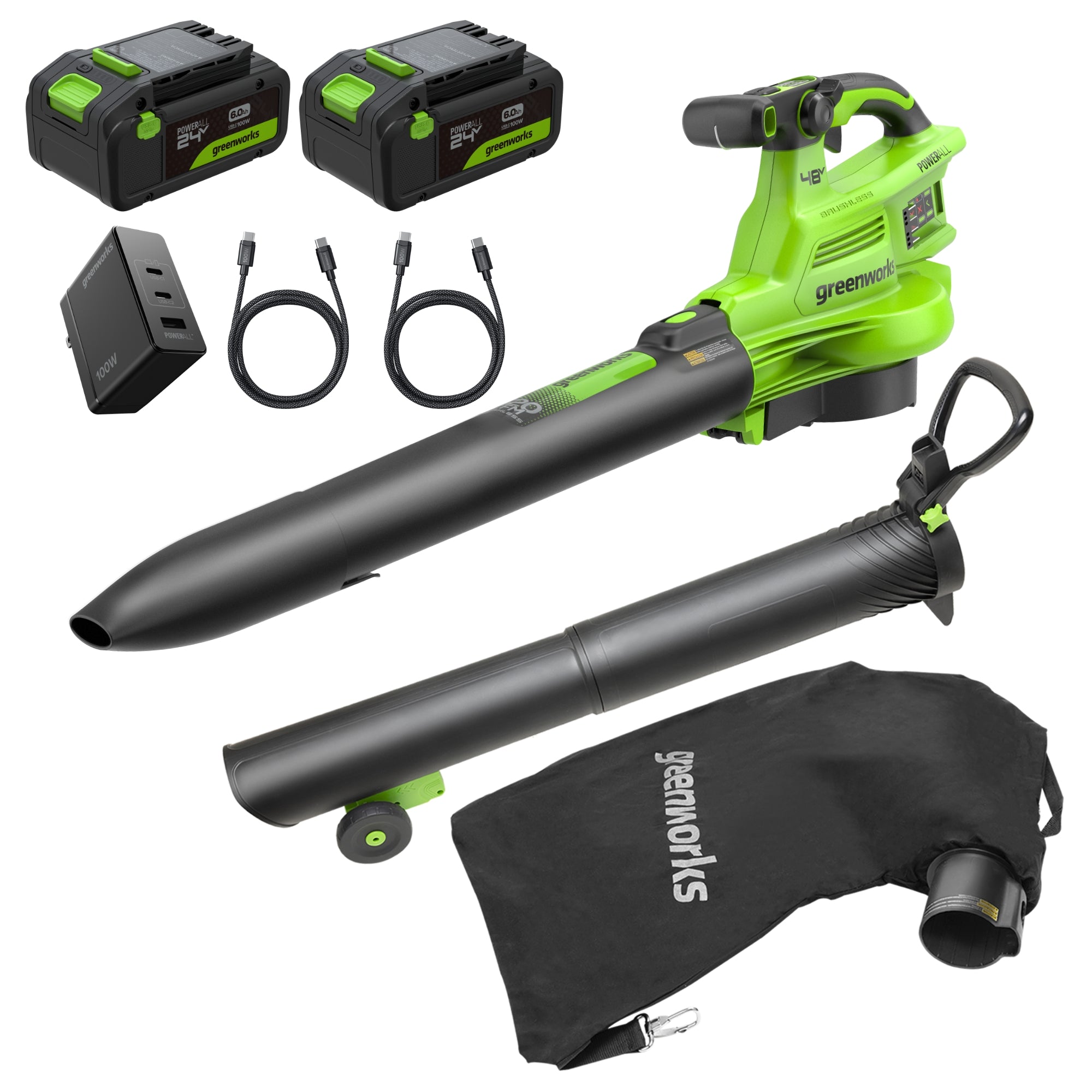 48V (24V x 2) 520 CFM Cordless Battery BL Leaf Blower/Vacuum w/ (2) 6.0Ah Battery, 100W Type-C Charger & (2) 3-Ft Cables