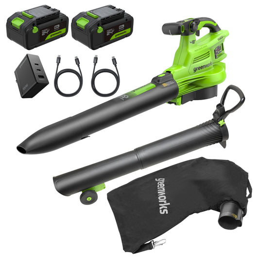 48V (24V x 2) 520 CFM Cordless Battery BL Leaf Blower/Vacuum w/ (2) 6.0Ah Battery, 100W Type-C Charger & (2) 3-Ft Cables