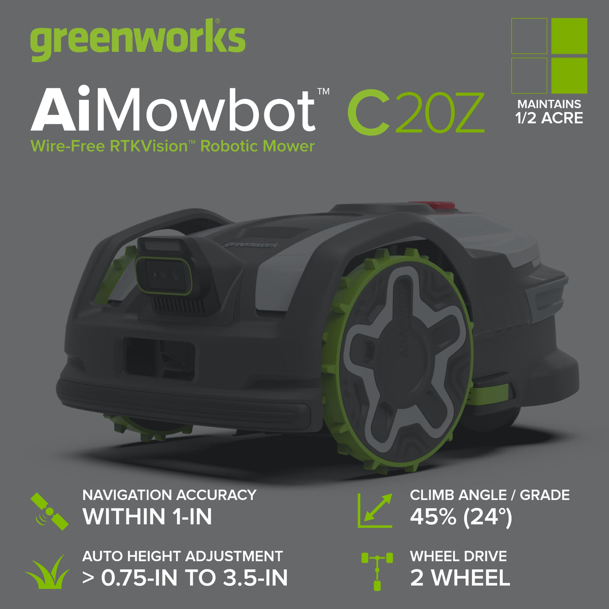 AiMowbot C20Z Wire-Free RTKVision Robotic Mower | 1/2 Acre, 4-Wheel Version