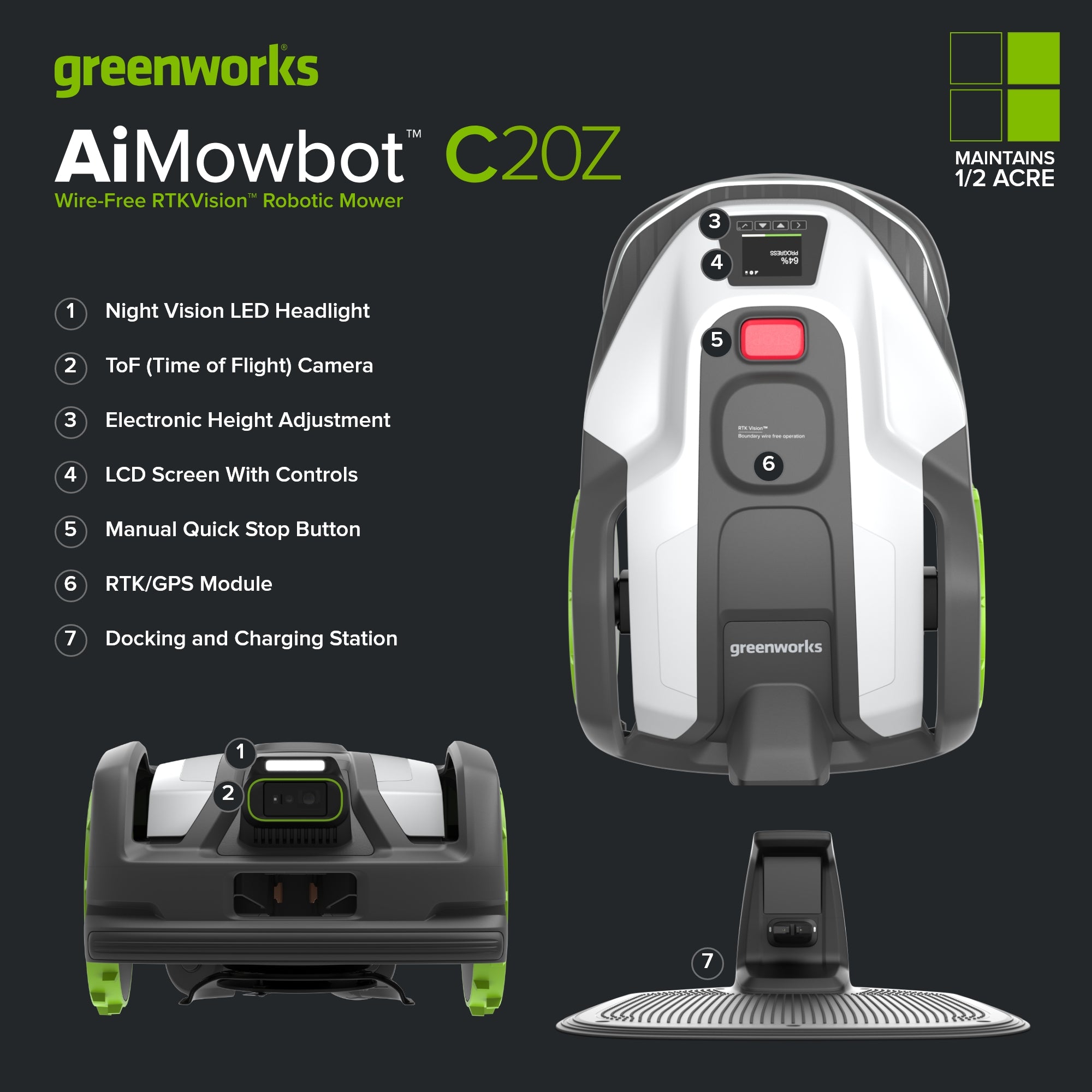 AiMowbot C20Z Wire-Free RTKVision Robotic Mower | 1/2 Acre, 4-Wheel Version