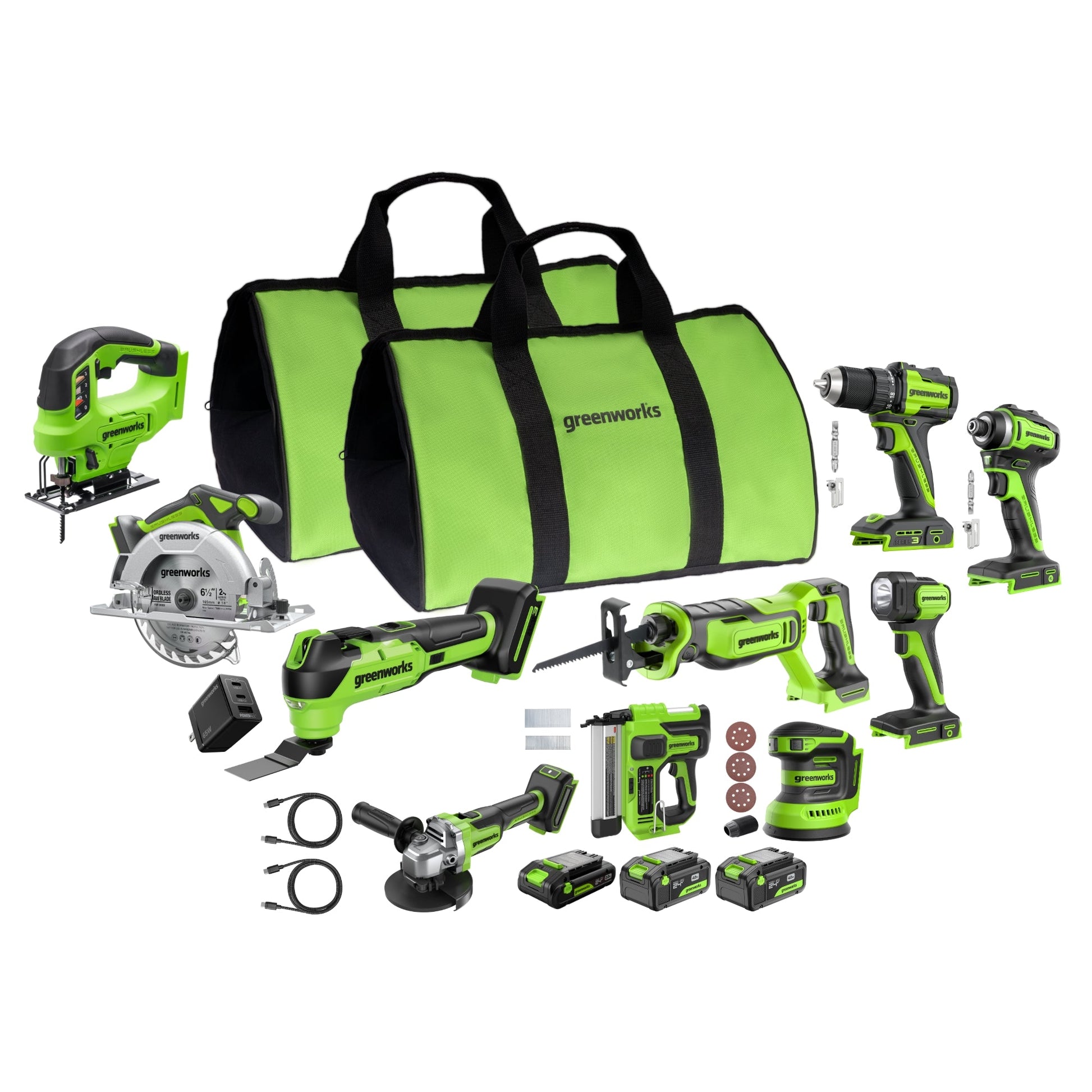 24V Brushless Power Tool 10PC Combo Kit w/ (2) 4.0Ah & (1) 2.0Ah USB-C Batteries and Charger