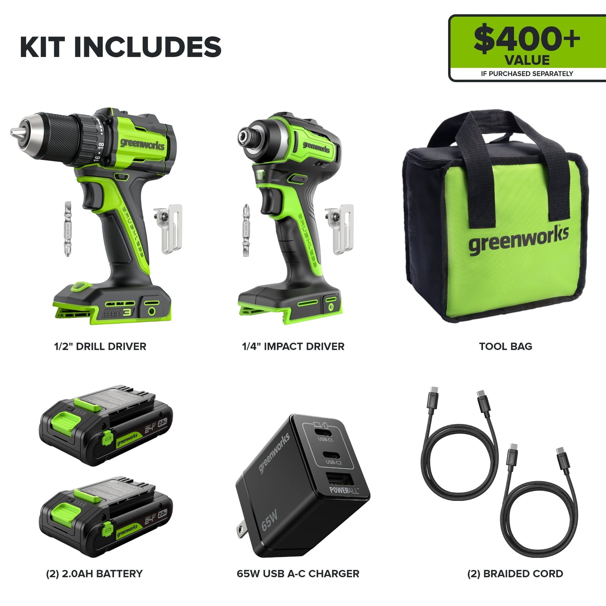 24V Cordless Battery 400 in-lbs Drill / Driver and 1950 in-lbs Impact Driver w/ Two(2) 2.0Ah USB-C Batteries & 65W USB-C Fast Charger