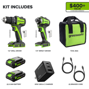 24V Cordless Battery 400 in-lbs Drill / Driver and 1950 in-lbs Impact Driver w/ Two(2) 2.0Ah USB-C Batteries & 65W USB-C Fast Charger