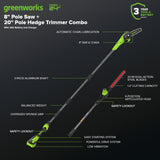 24V 8" Cordless Battery Pole Saw w/ 20" Hedge Trimmer Attachment Combo Kit (2.0 Ah Battery & 30W Type-C Charger (3-Ft cable))