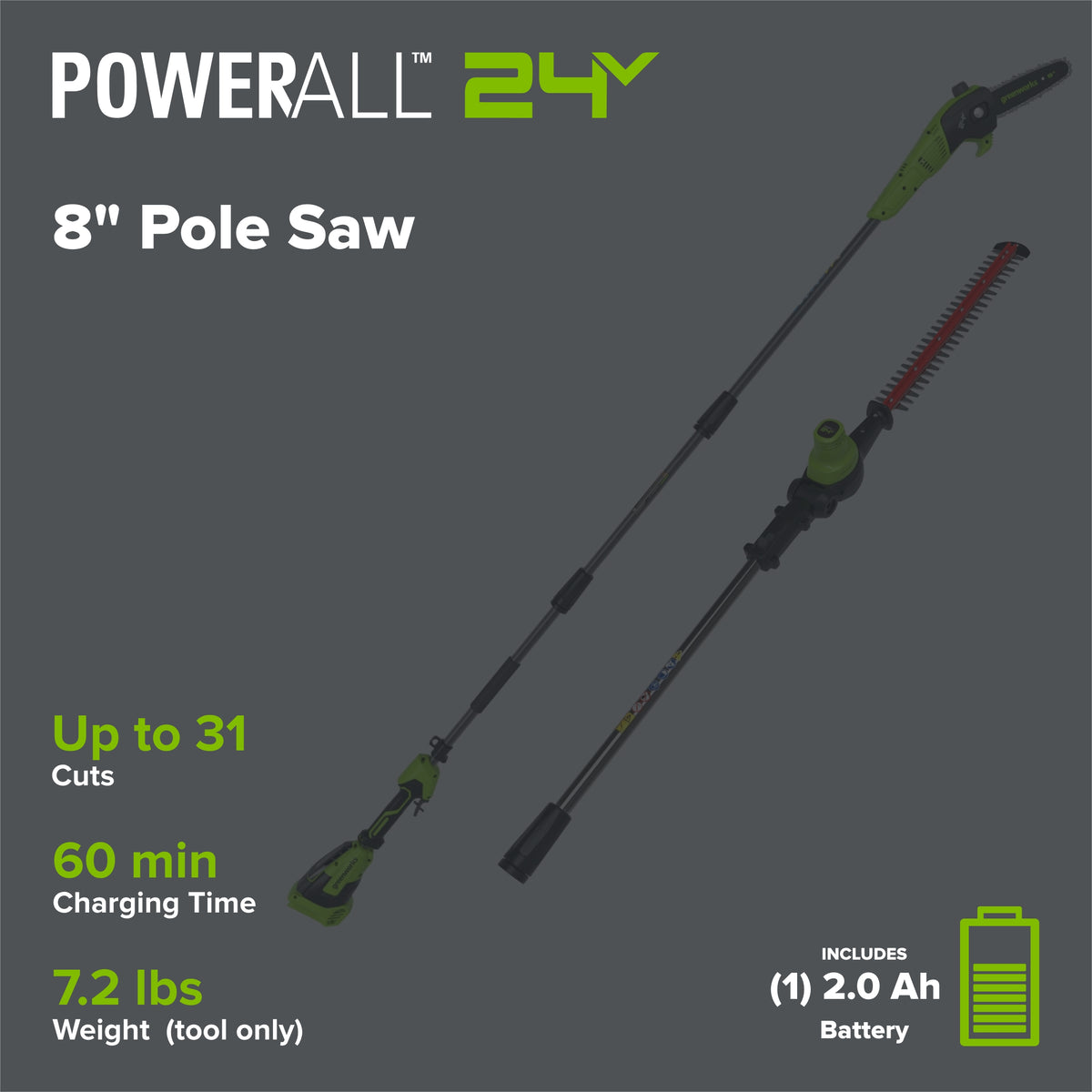 24V 8" Cordless Battery Pole Saw w/ 20" Hedge Trimmer Attachment Combo Kit (2.0 Ah Battery & 30W Type-C Charger (3-Ft cable))