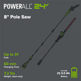 24V 8" Cordless Battery Pole Saw w/ 20" Hedge Trimmer Attachment Combo Kit (2.0 Ah Battery & 30W Type-C Charger (3-Ft cable))