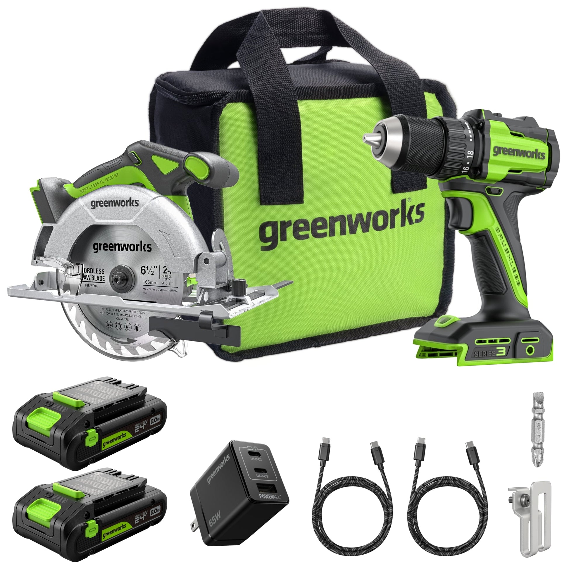24V Brushless 1/2" 400 in/lbs Drill / Driver and 6.5" Circular Saw Combo Kit w/ (2) 2.0Ah USB-C Batteries and 65W USB-C Fast Charger