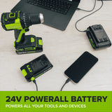 24V Cordless Battery 300 in-lbs Drill / Driver and 1900 in-lbs Impact Driver, Two(2) 2.0 Ah USB-C Batteries and 30W USB-C Charger