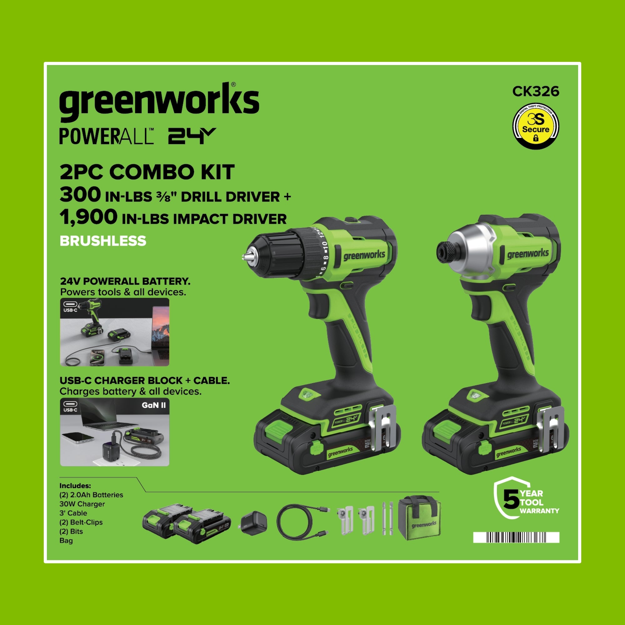 24V Cordless Battery 300 in-lbs Drill / Driver and 1900 in-lbs Impact Driver, Two(2) 2.0 Ah USB-C Batteries and 30W USB-C Charger