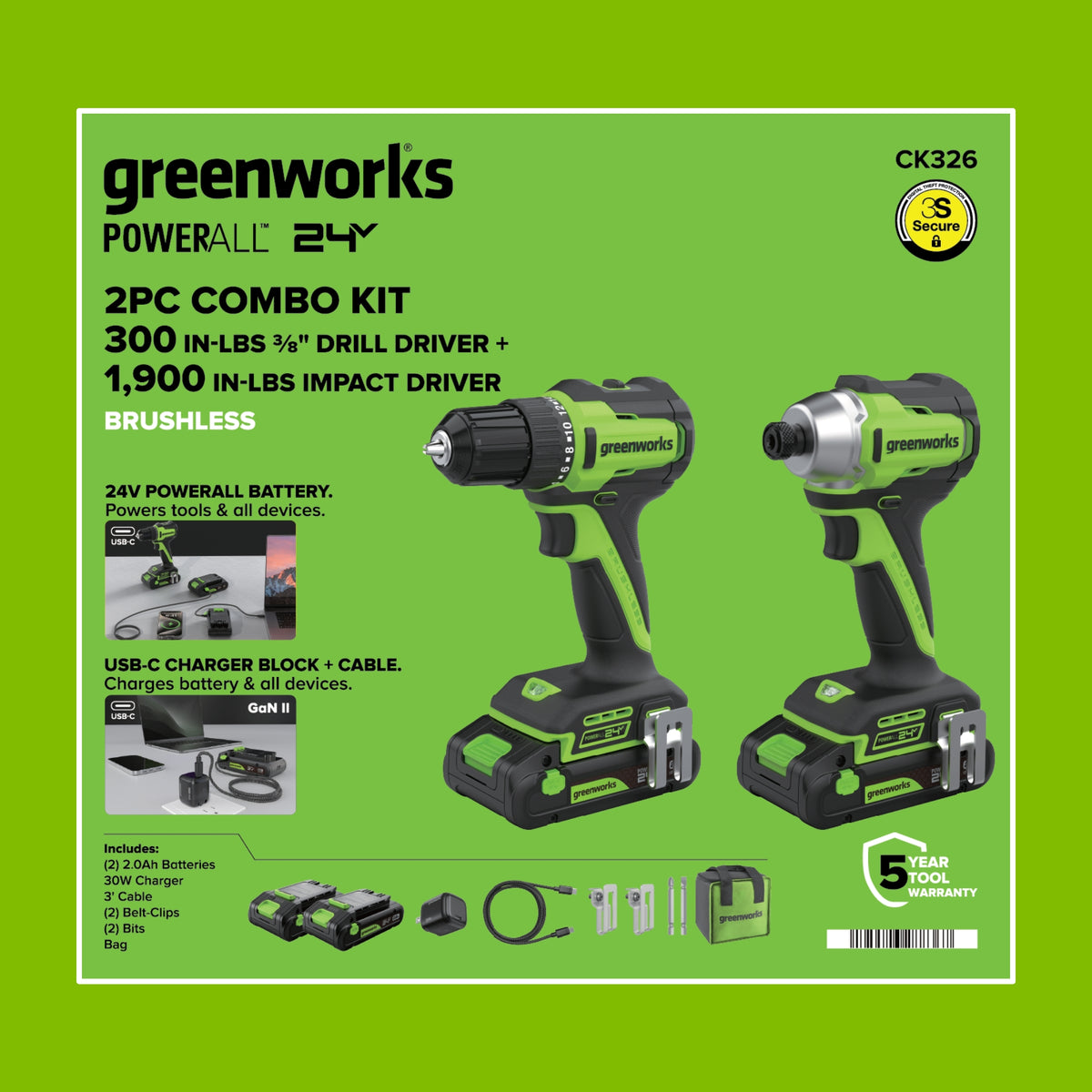 24V Cordless Battery 300 in-lbs Drill / Driver and 1900 in-lbs Impact Driver, Two(2) 2.0 Ah USB-C Batteries and 30W USB-C Charger