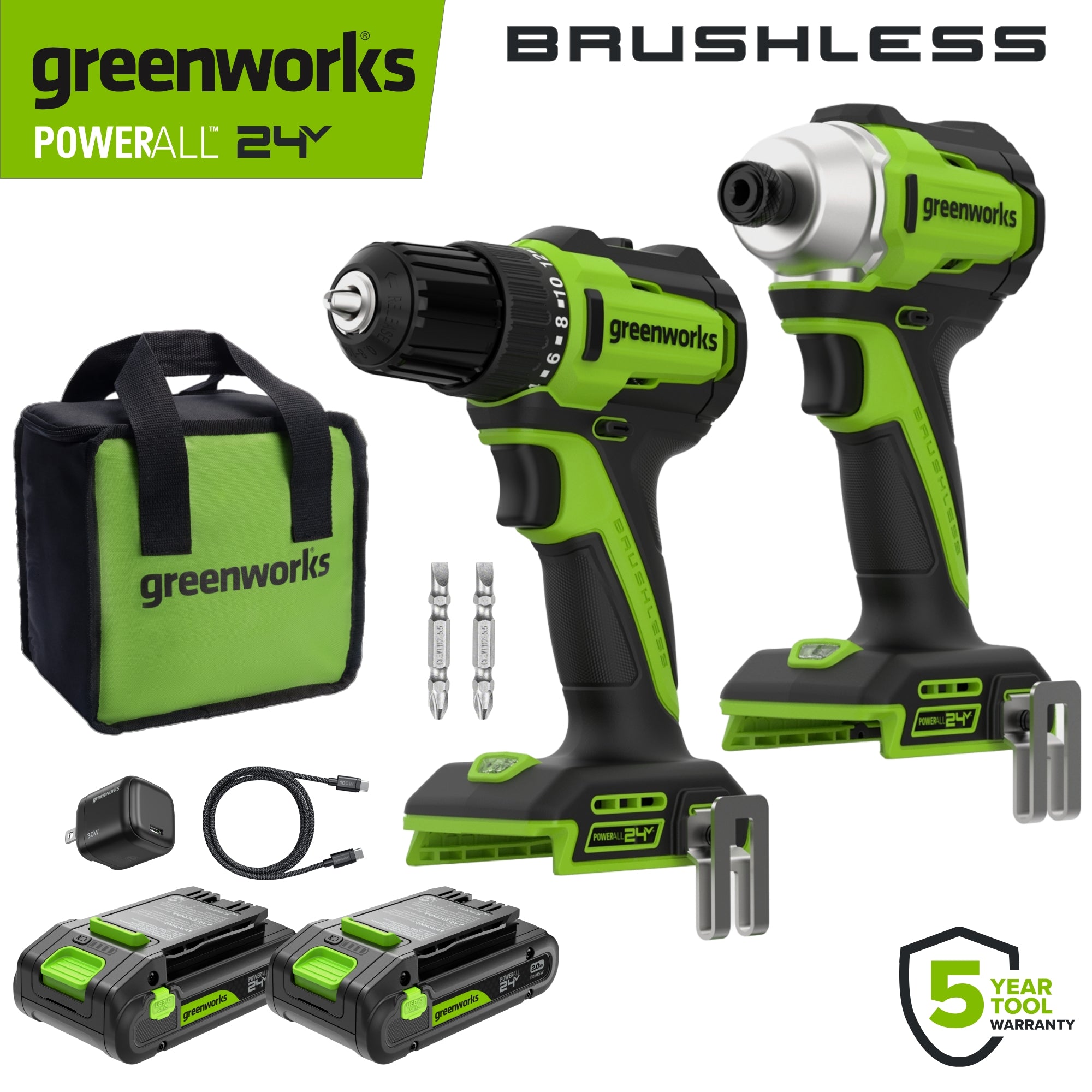 24V PowerAll 3/8" Drill and Impact Driver Combo Kit with (2) 2.0 Ah USB-C Batteries, 30W USB-C Charger Block, and 3' 100W USB-C Cable