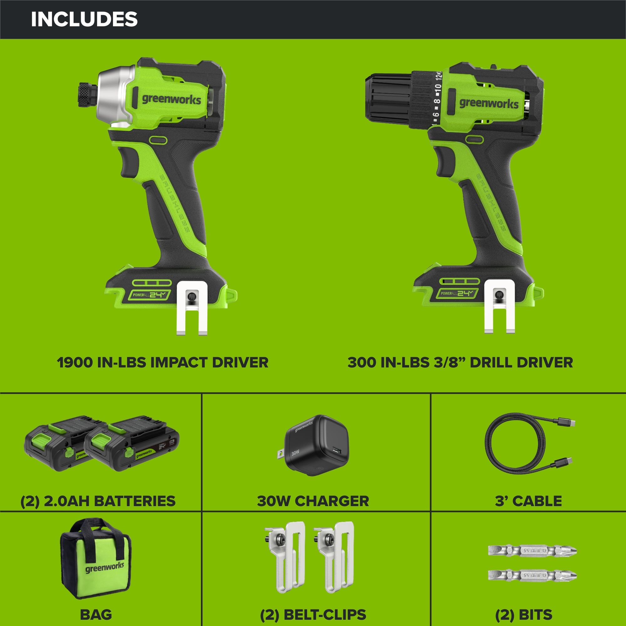 24V Cordless Battery 300 in-lbs Drill / Driver and 1900 in-lbs Impact Driver, Two(2) 2.0 Ah USB-C Batteries and 30W USB-C Charger