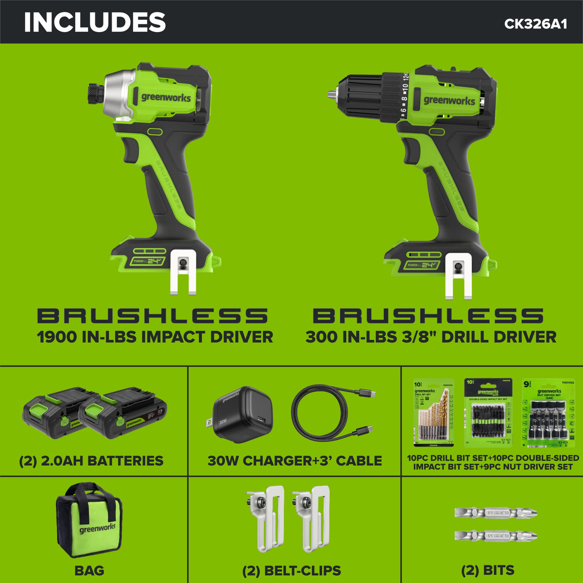 24V PowerAll 3/8" 300 in-lbs Drill and 1/4" 1900 in-lbs Brushless Impact Driver Combo Kit: (2) 2.0 Ah USB-C Batteries, (1) 30W USB-C Charger, (1) 3' 100W USB-C Cable and 33-piece Accessory Set