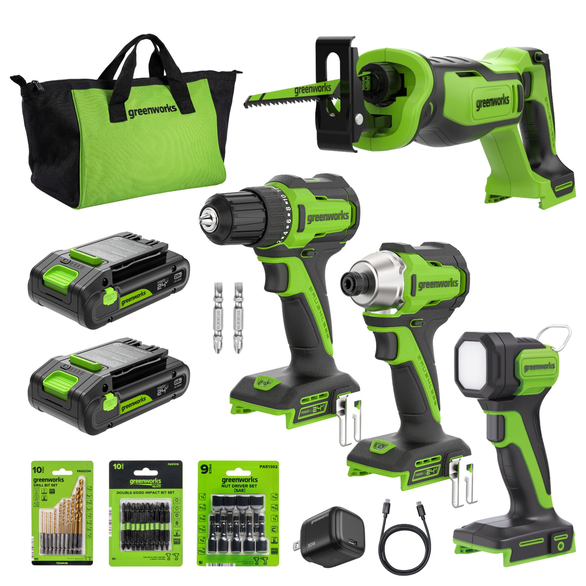 24V Cordless Battery Power Tool 4PC Combo Kit: (2) 2.0 Ah USB-C Batteries, (1) 30W USB-C Charger, (1) 3' 100W USB-C Cable and 34-Piece Accessory Sets