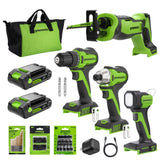 24V Cordless Battery Power Tool 4PC Combo Kit: (2) 2.0 Ah USB-C Batteries, (1) 30W USB-C Charger, (1) 3' 100W USB-C Cable and 34-Piece Accessory Sets