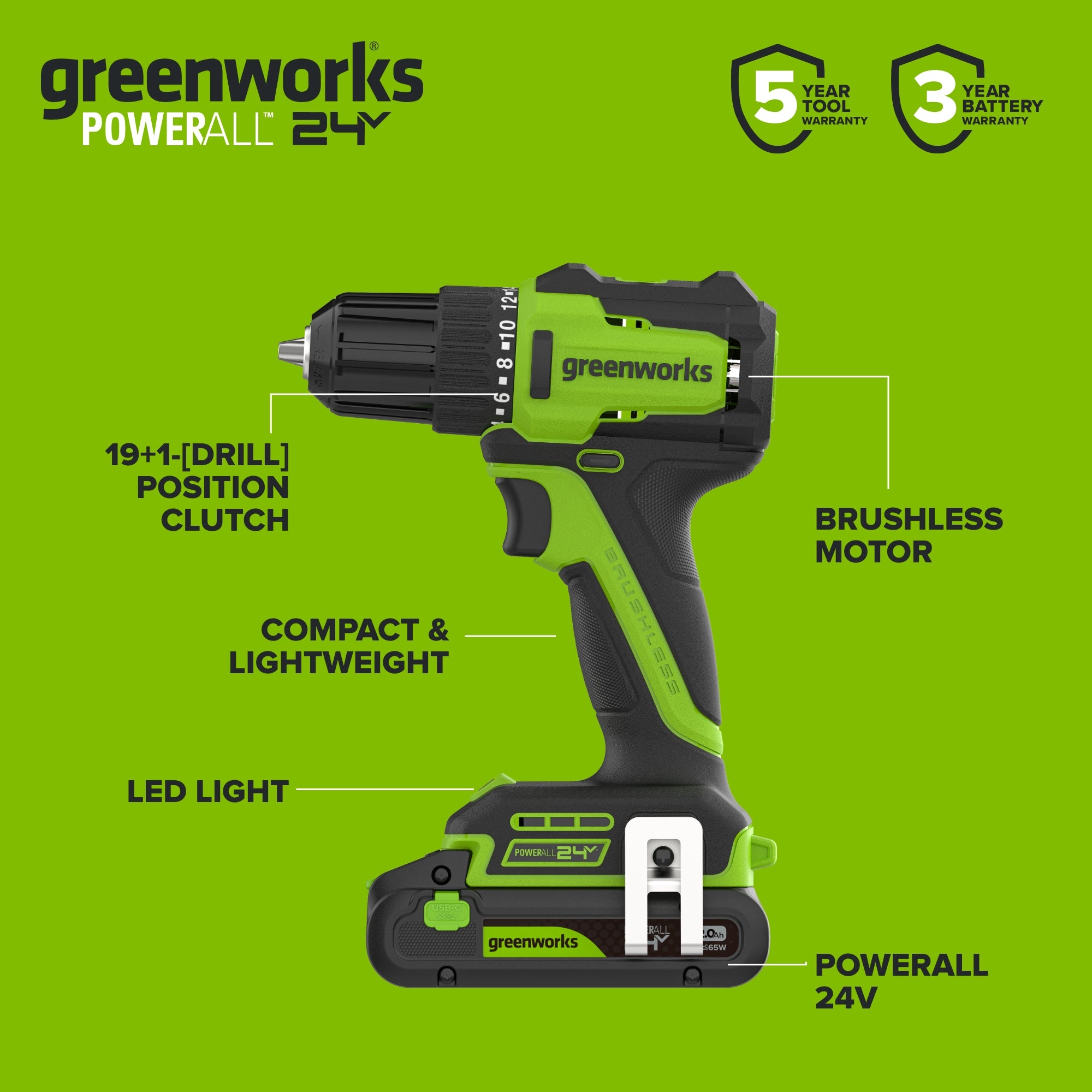 24V Cordless Battery Power Tool 4PC Combo Kit: (2) 2.0 Ah USB-C Batteries, (1) 30W USB-C Charger, (1) 3' 100W USB-C Cable and 34-Piece Accessory Sets