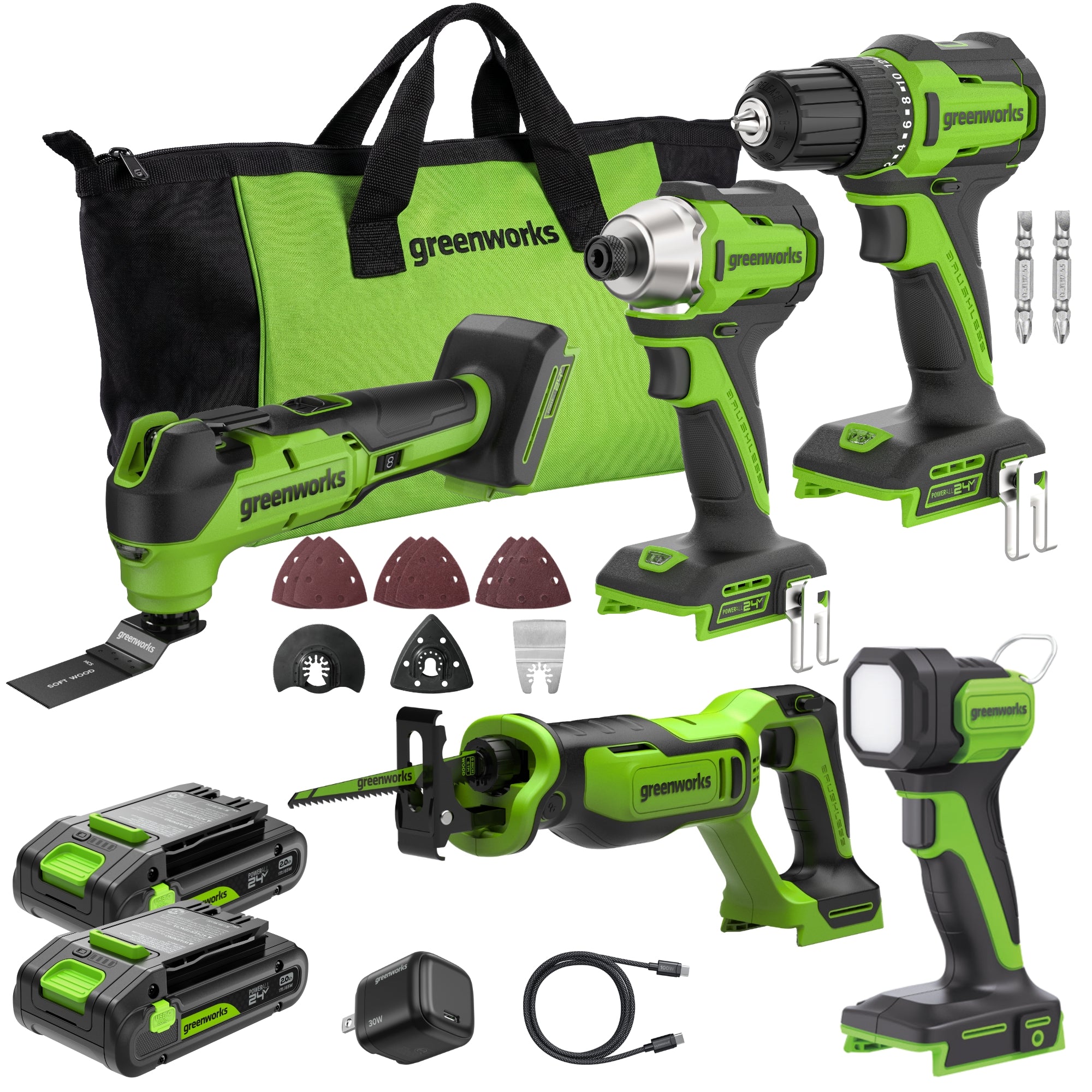 24V PowerAll Brushless 5-Tool Combo Kit: (2) 2.0 Ah USB-C Batteries, 30W USB-C Charger Block, and 3' 100W USB-C Cable