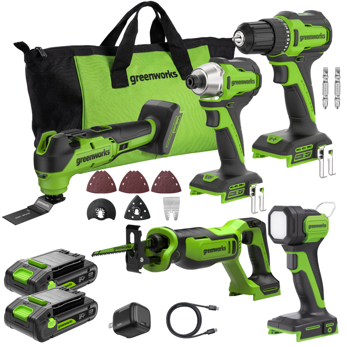 24V PowerAll Brushless 5-Tool Combo Kit: (2) 2.0 Ah USB-C Batteries, 30W USB-C Charger Block, and 3' 100W USB-C Cable