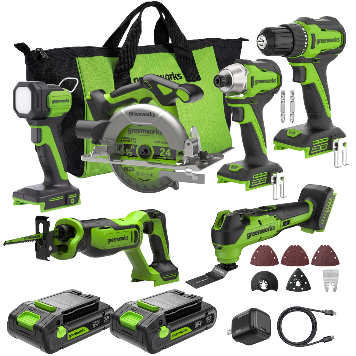 24V PowerAll Brushless 6-Tool Combo Kit: (2) 2.0 Ah USB-C Batteries, 30W USB-C Charger Block, and 3' 100W USB-C Cable