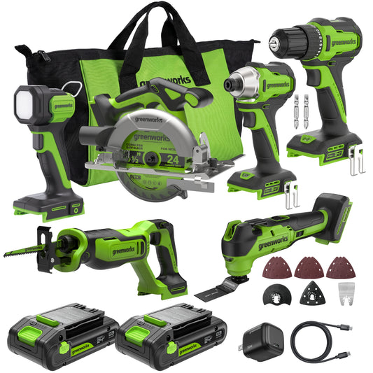 24V PowerAll Brushless 6-Tool Combo Kit: (2) 2.0 Ah USB-C Batteries, 30W USB-C Charger Block, and 3' 100W USB-C Cable