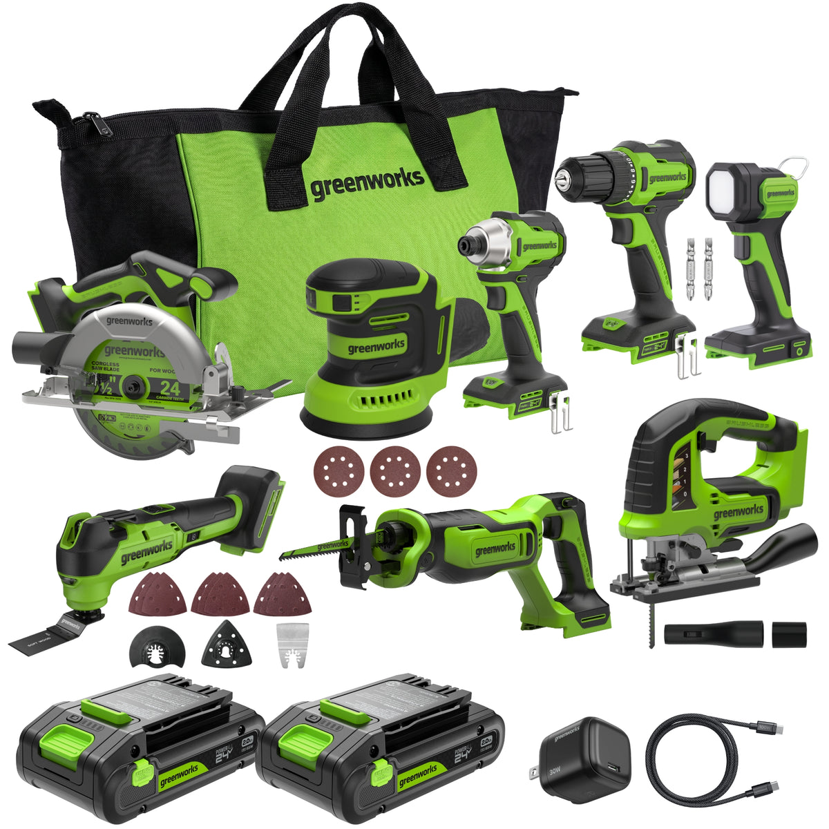 24V PowerAll Brushless 8-Tool Combo Kit: (2) 2.0 Ah USB-C Batteries, 30W USB-C Charger Block, and 3' 100W USB-C Cable