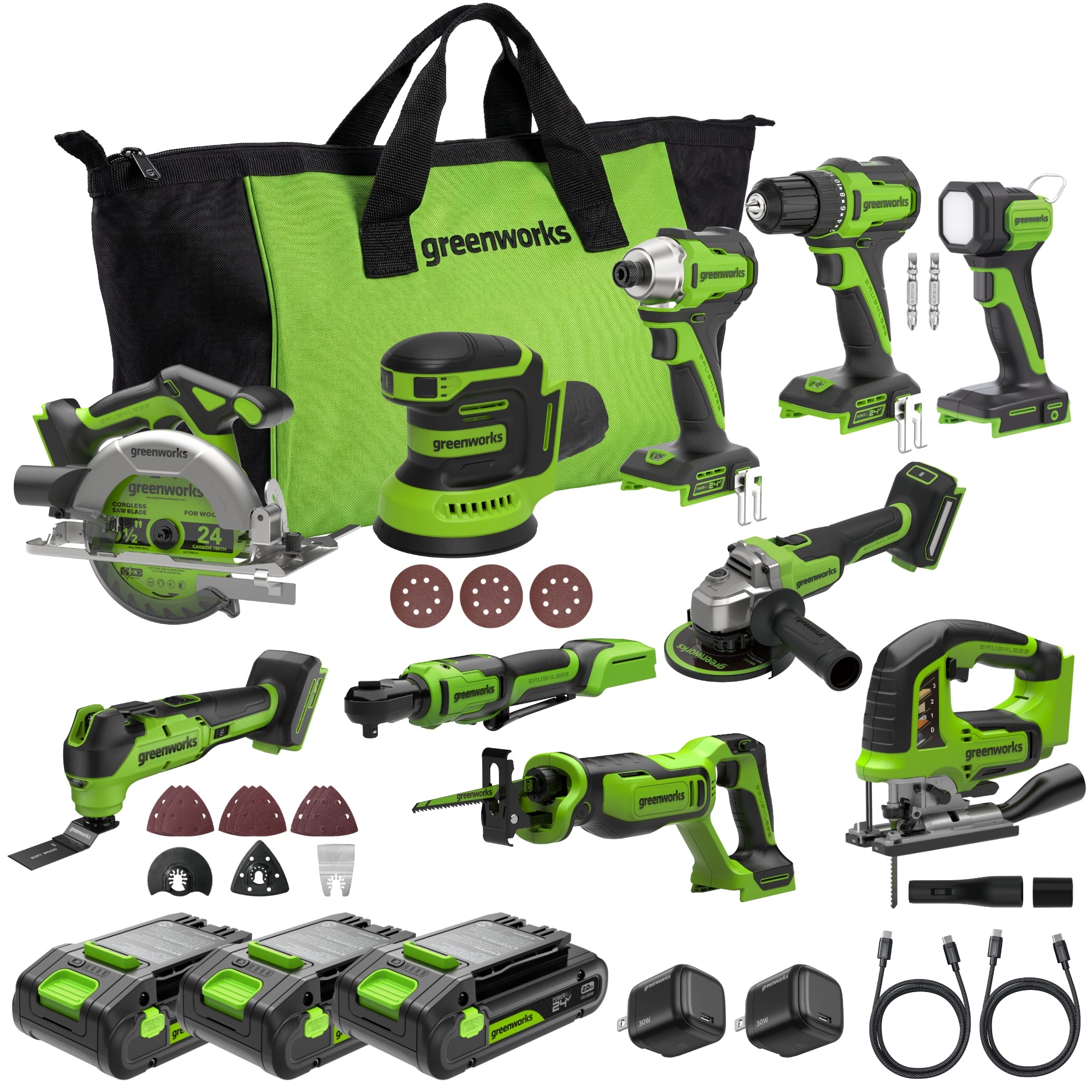 24V Cordless 280 in-lbs Drill/Driver Power Tool 10PC Combo Kit: (3) 2.0 Ah USB-C Batteries, (2) 30W USB-C Charger Block, and (2) 3' 100W USB-C Cable