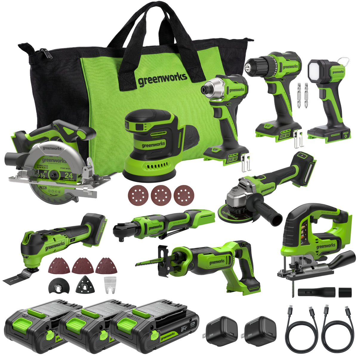 24V Cordless 280 in-lbs Drill/Driver Power Tool 10PC Combo Kit: (3) 2.0 Ah USB-C Batteries, (2) 30W USB-C Charger Block, and (2) 3' 100W USB-C Cable