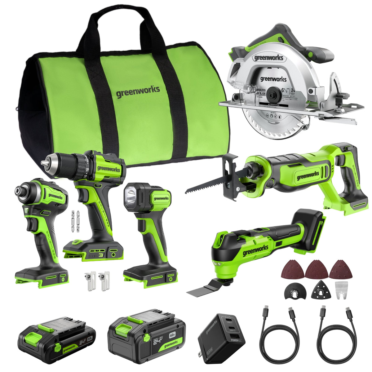 24V Brushless Power Tool 6PC Combo Kit w/ (1) 4.0Ah & (1) 2.0Ah USB-C Batteries and Charger