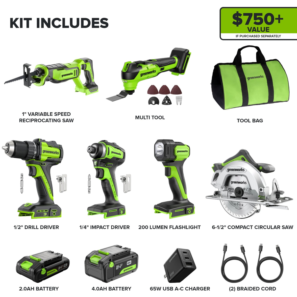 24V Brushless Power Tool 6PC Combo Kit w/ (1) 4.0Ah & (1) 2.0Ah USB-C Batteries and Charger